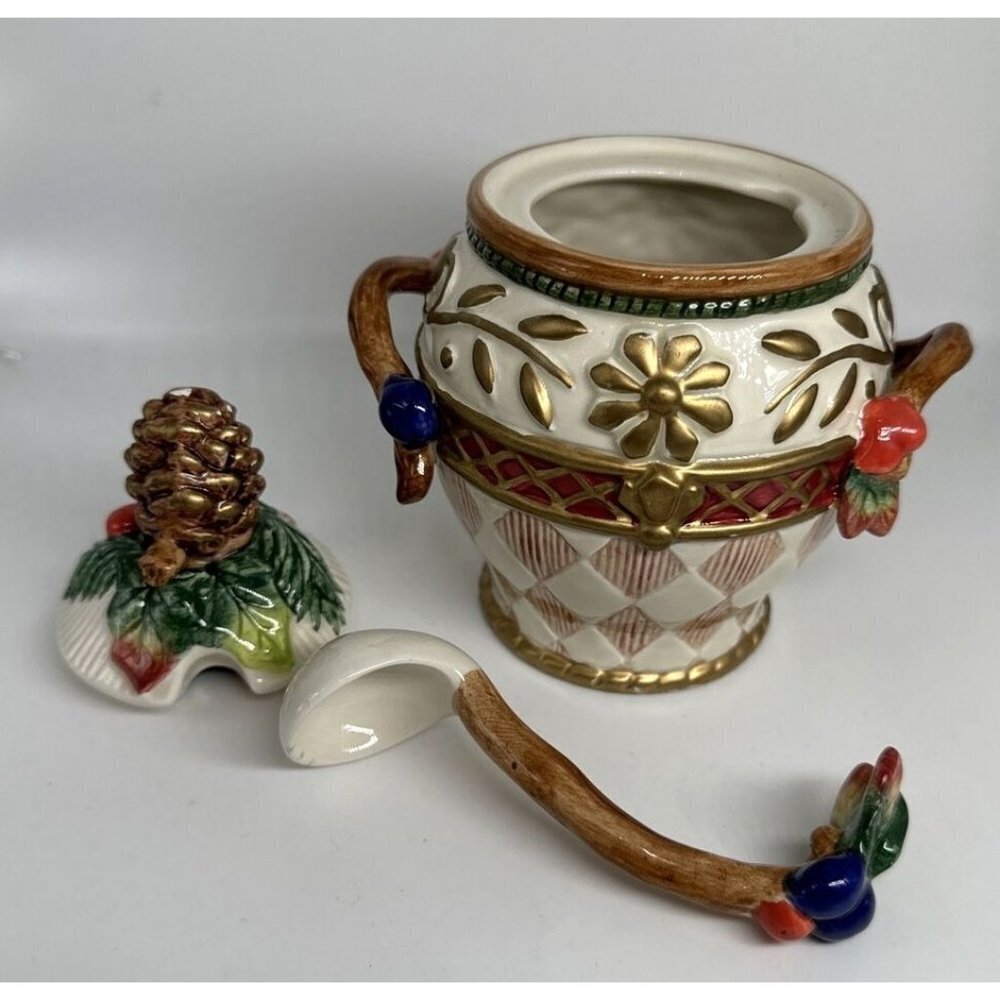 FITZ & FLOYD Jolly‎ Ole St Nick Jar with Lid & Spoon Sugar Vase Ornate 2007